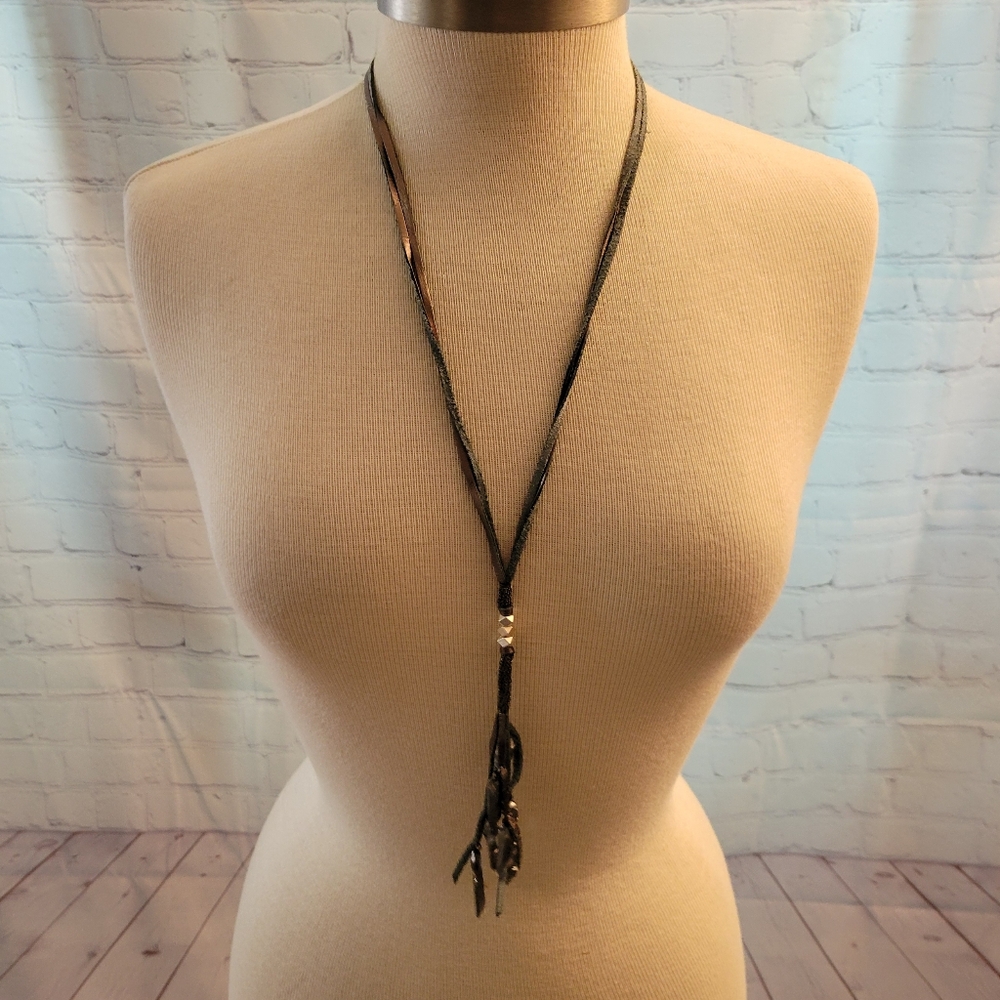 Nakamol Long Lariat Style Leather Pyrite Necklace
